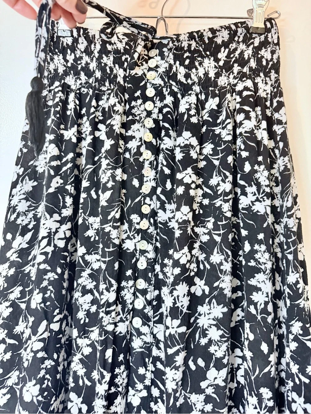 Rachel Zoe Boho Maxi Skirt  S Black Floral Smocked Waist  Button Up Cottagecore